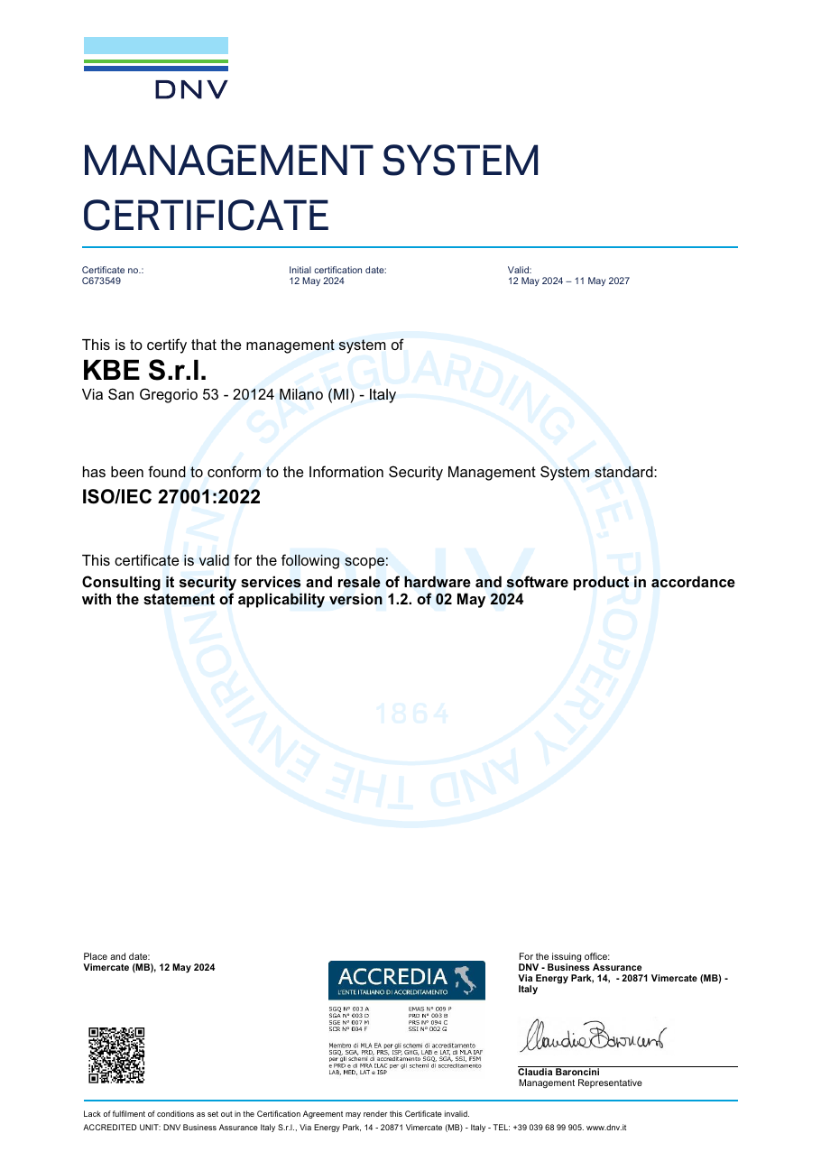 Certificato ISO IEC 27001:2022 di KBE in English