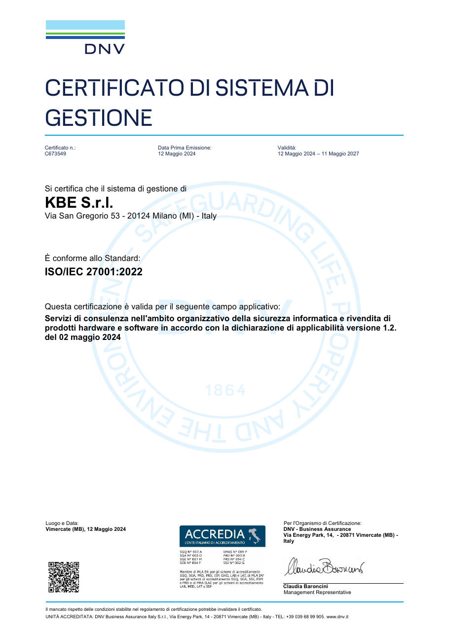 Certificato ISO IEC 27001:2022 di KBE in italiano